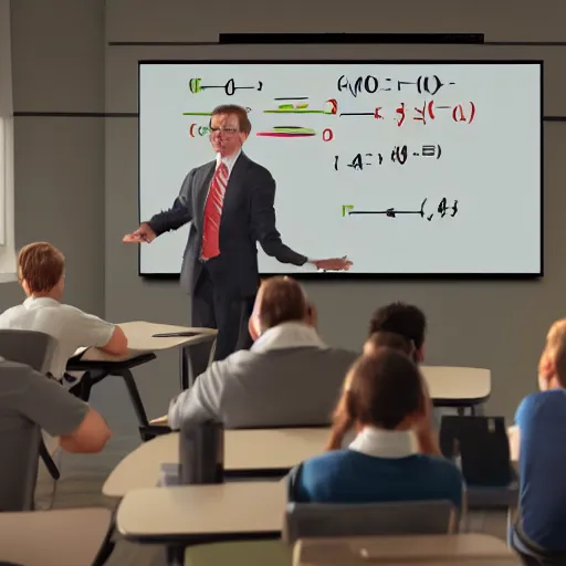 Prompt: a photorealistic photograph of a muscular economist teaching high school math. Trending on Artstation, featured on Behance, well-rendered, Unreal Engine, 4K HD