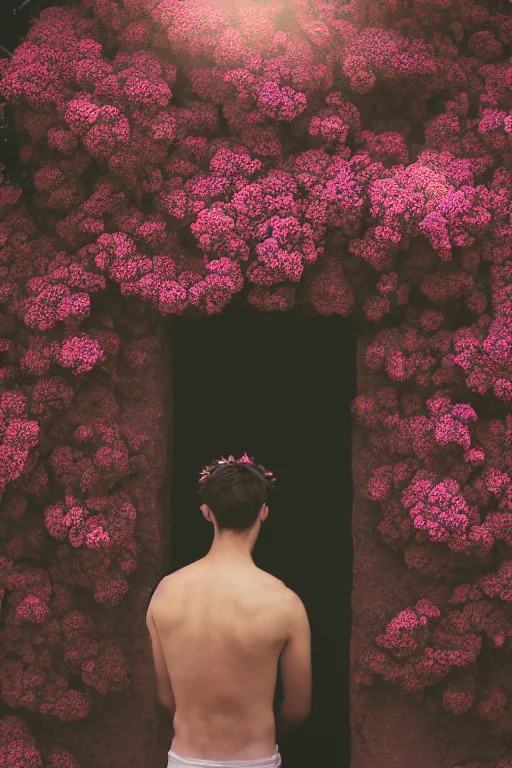 Image similar to kodak portra 4 0 0 photograph of a skinny guy looking into a otherworldly portal, flower crown, back view, vaporwave colors, grain, moody lighting, moody aesthetic,