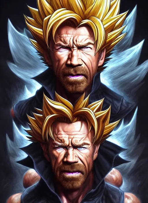 Image similar to portrait of aggressive chuck norris going super saiyan, d & d, muscular! storm! fantasy, intricate, elegant, highly detailed, digital painting, artstation, concept art, smooth, sharp focus, illustration, art by artgerm and greg rutkowski and alphonse mucha