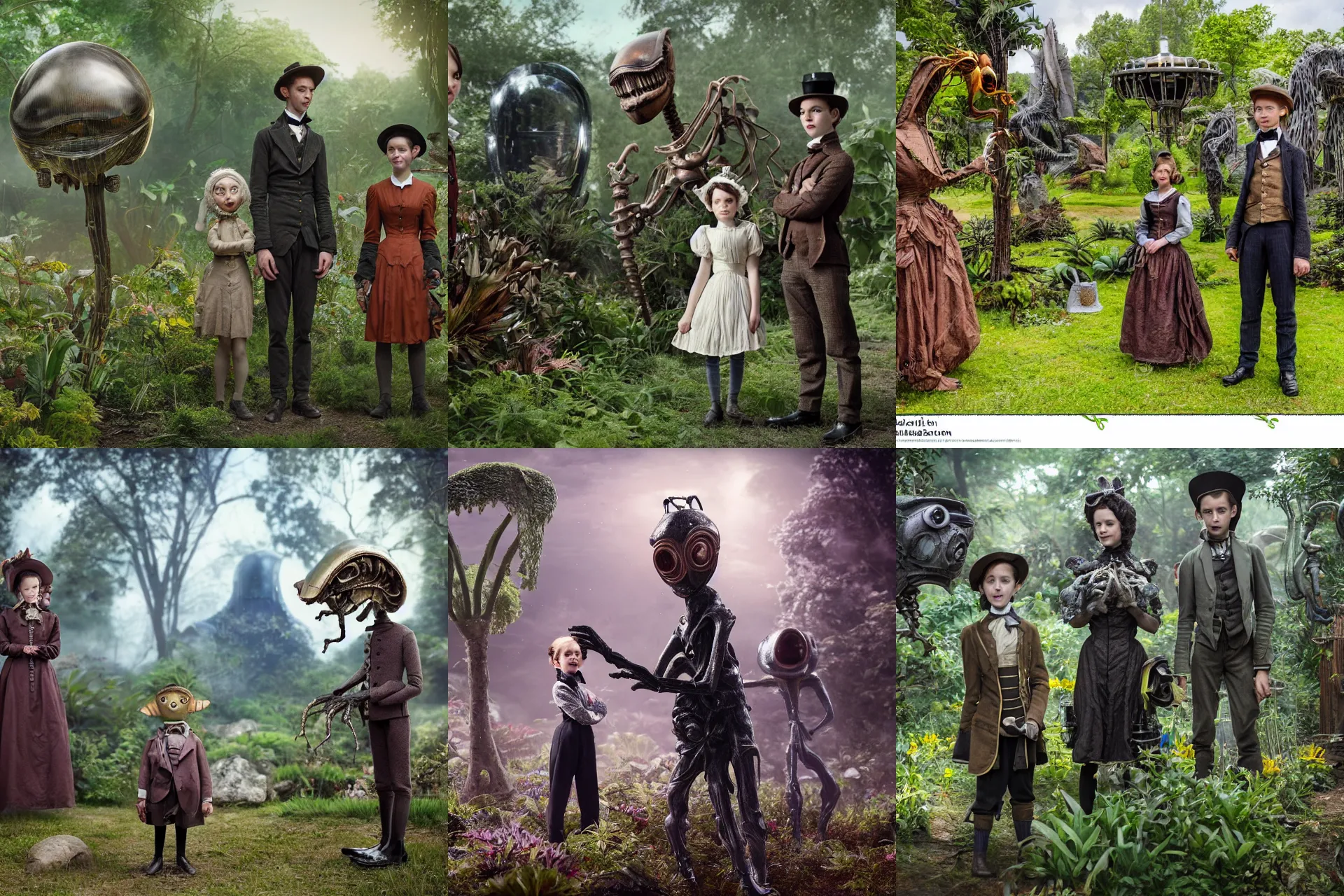 Prompt: detailed, sharp, a girl and a boy standing next to some alien plants, looking happy, wearing 1850s era clothes, their small pet alien creature is standing nearby, in a park on an alien planet, steampunk, extremely highly detailed, hyperrealistic, film still from a sci fi movie, 8k, HD, good lighting