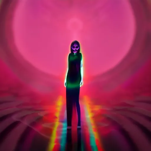 Prompt: long Shot of psychedelic Black widow standing in mysterious chromatic astral temple , stylish, lsd, soft, vimeo, cinematic, artwork by WLOP