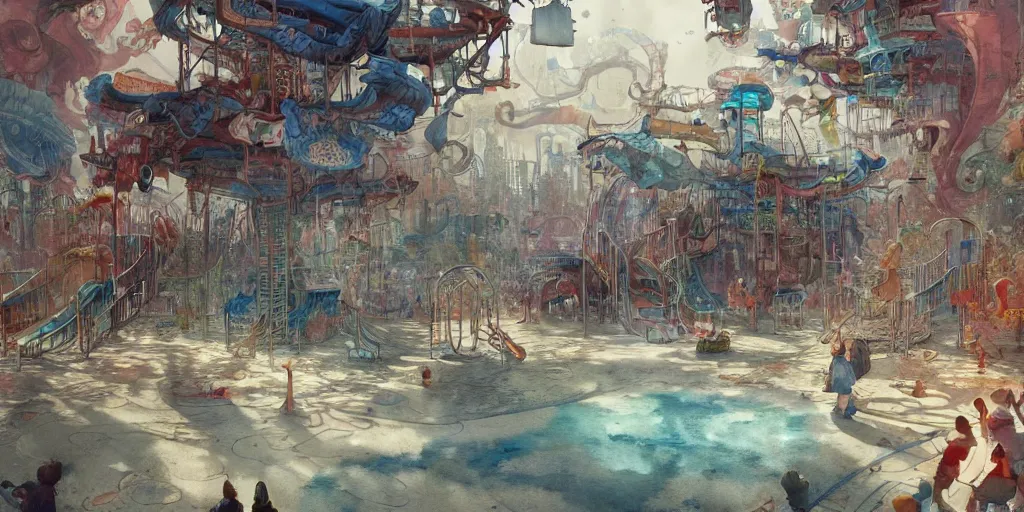 Prompt: a beautiful insanely detailed intricate watercolor illustration of a modern playground, colorfull, by william turner art, by greg rutkowski, by james jean, by rossdraws, by frank franzzeta, by sakimichan, by edmund dulac, trending on artstation, insanely detailed, masterpiece,