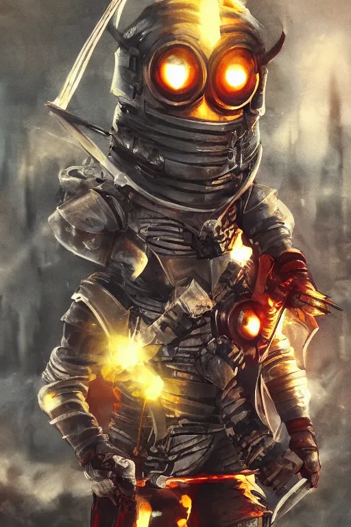 Image similar to Minions in knight armor with swords against golden sparks, black smoke, red lights, Anime, cyberpunk, gothic, dark fantasy, art, 4k,