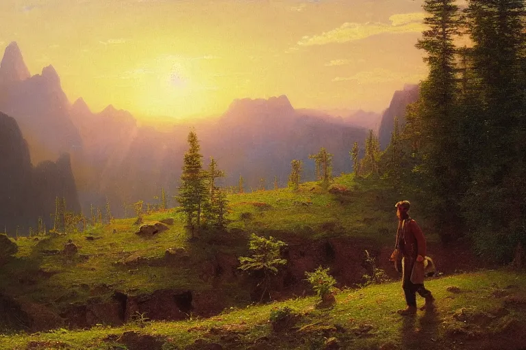 Prompt: a traveler wandering trough the mountains looking at the clouds, hyperdetailed, focused, oil painting, cinematic lighting, albert bierstadt, trending on artstation, colorful, canvas, sunset, hans dahl, theodor kittelsen, hermann hendrich, national geographic, Konstantin Yakovlevich Kryzhitsky, beautiful nature