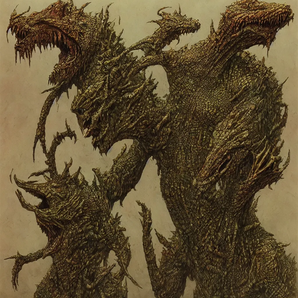 Image similar to lizardman warrior concept, highly detailed, tribal, beksinski