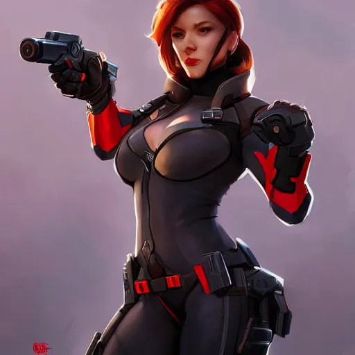 Image similar to greg manchess portrait painting of black widow as overwatch character, medium shot, asymmetrical, profile picture, organic painting, sunny day, matte painting, bold shapes, hard edges, street art, trending on artstation, by huang guangjian and gil elvgren and sachin teng