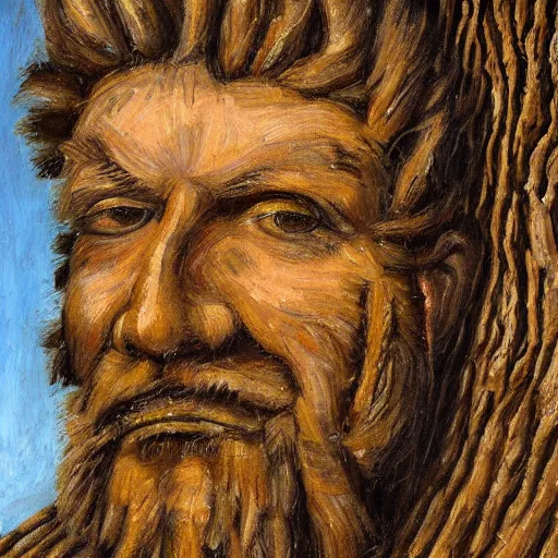 Prompt: A painting of an oak tree, with the face of an old bearded man, close up portrait of a human face made out of bark in a tree