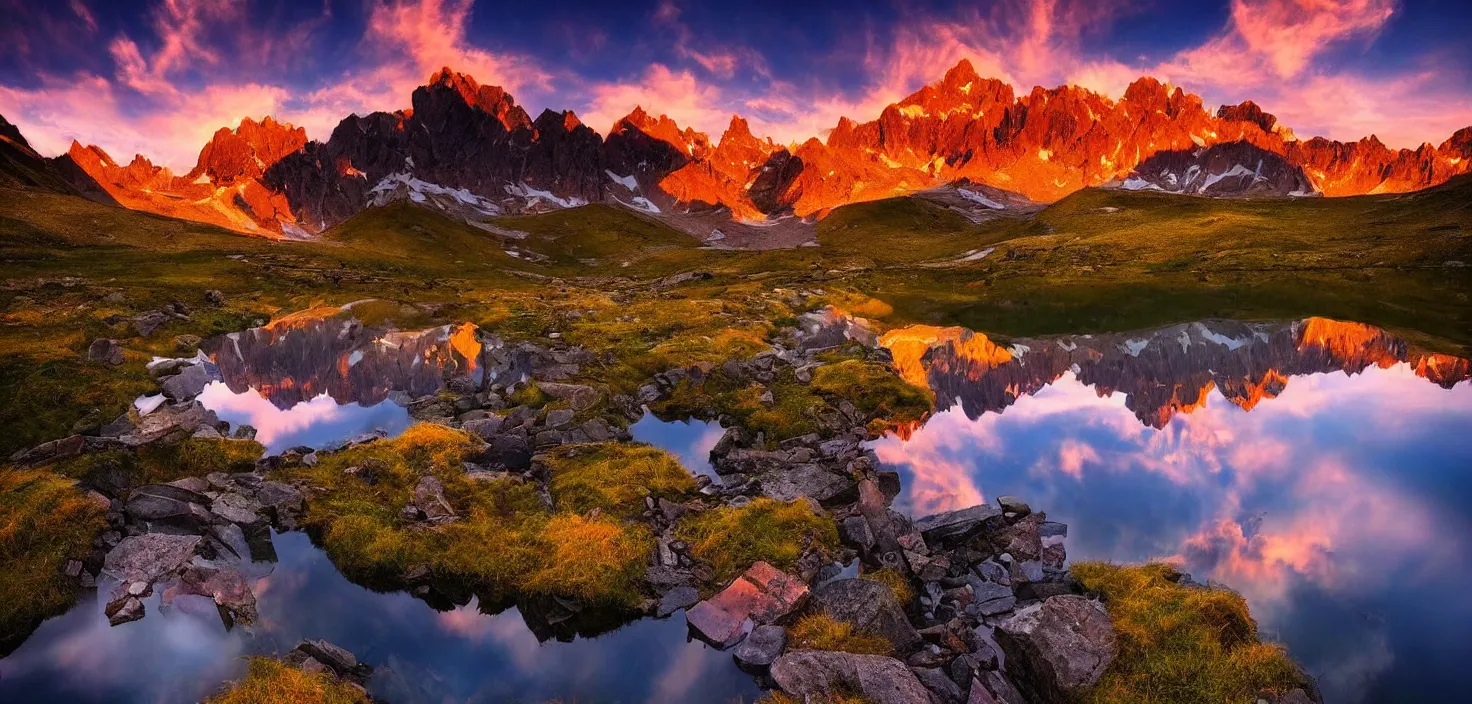 Image similar to amazing landscape photo of mountains with lake in sunset by marc adamus, beautiful dramatic lighting