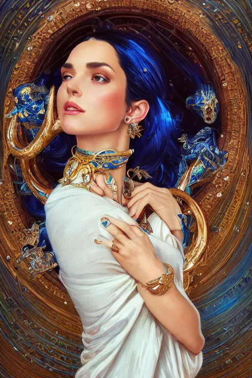 Image similar to a beautiful woman with deep blue, sparkly skin, big ram horns, flowing dress, gold jewellery, dnd, face, fantasy, intricate, elegant, highly detailed, digital painting, artstation, concept art, smooth, sharp focus, illustration, art by artgerm and greg rutkowski and alphonse mucha