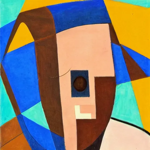 Prompt: 20 year old white bald man with a short length full brown beard and vibrant blue eyes staring gloomly. cubism painting.