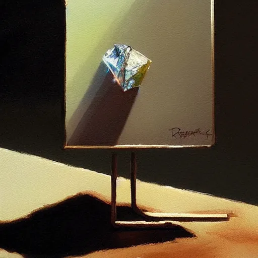 Image similar to magical crystal on a desk, painting, by greg rutkowski