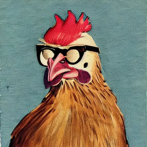 Prompt: a portrait of a very handsome!!! chicken with small fashionable!!! glasses!!! Staring at the camera!!!