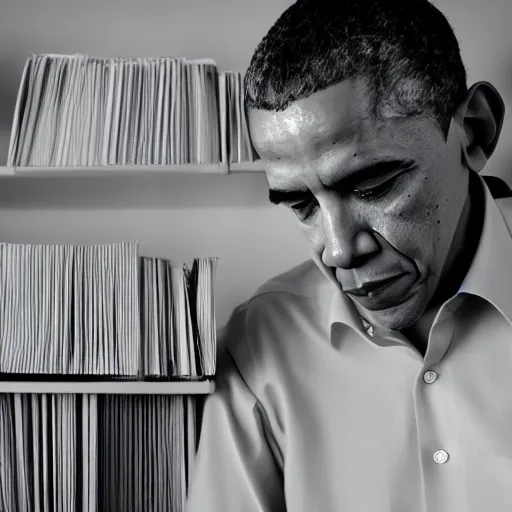 Image similar to obama nervously standing by a mountain of papers, videogame still, portrait, 4 0 mm lens, shallow depth of field, close up, split lighting, cinematic