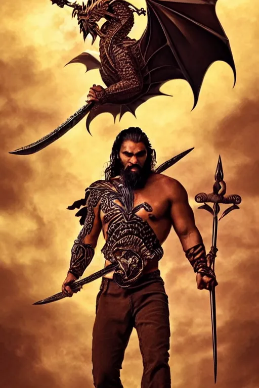 Prompt: powerful khal drogo ( jason momoa ) riding a flying dragon, intricate art deco dragon, elegant, highly detailed burning background, sword, sharp focus, game of thrones art by artgerm and beeple and greg rutkowski and wlop