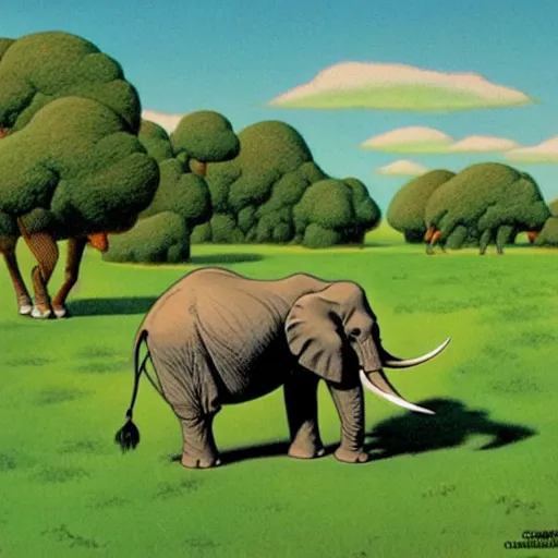 Prompt: an elephant on a green meadow drawn by Carl Barks