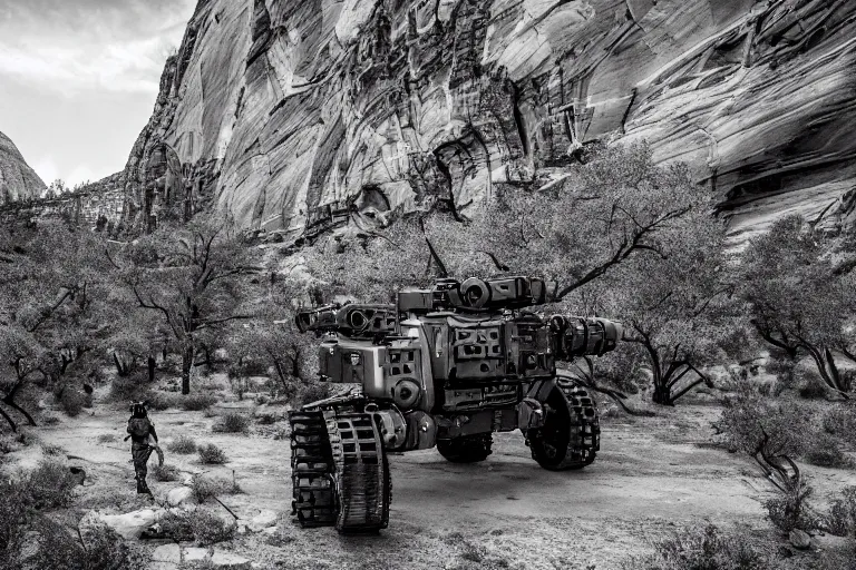 Image similar to cinematography of a cinematic ultra realist and ultra intricate detailed photo of a beautiful sci-fi armored mech shootout in Zion national park by Emmanuel Lubezki