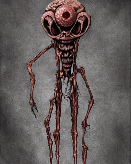 Prompt: Haunting horrifying hyperrealistic detailed painting of a tall slim spider extraterrestrial creature made of concrete stone brick, covered in, heavy metal, disgusting, creepy, unsettling, and bloodshot eyeballs, hyper detailed, trending on Artstation