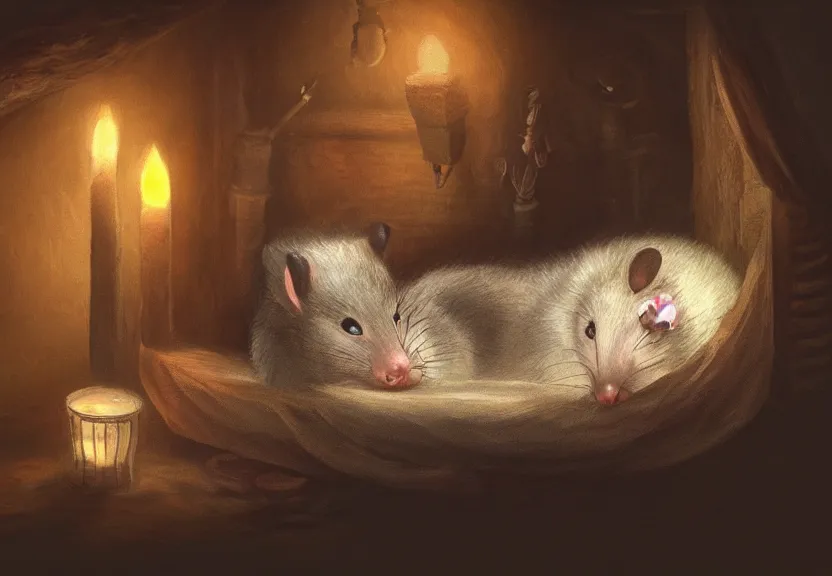 Image similar to cute possum sleeping inside a bed in a dark medieval cluttered cottage at night under the dim light of a candle, dark fantasy, dreaming illusion, trending on artstation