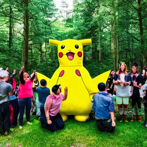 Image similar to photograph of a group of people worshipping a giant pikachu in a forest