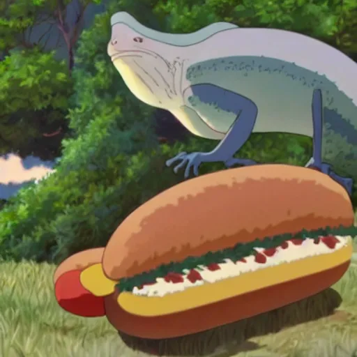 Image similar to a chameleon atop a hot dog, Makoto Shinkai, Studio Ghibli