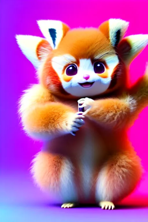 Image similar to high quality 3 d render hyperrealist very cute pastel fluffy! red panda & tarsier hybrid eating giant ice cream full body, vray smooth, in the style of detective pikachu, hannah yata charlie immer, very dramatic pink light, low angle, uhd 8 k, shallow depth or field