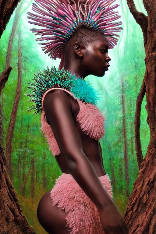 Prompt: hyperrealistic post - maximalist masterpiece super expressive! yoruba goddess with exoskeleton armor, merging with tree in a forest, highly detailed digital art cinematic, smooth cam de leon eric zener dramatic pearlescent soft teal pink light, ground angle hd 8 k, sharp focus