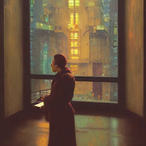 Image similar to detailed portrait of a woman, moment, cyberpunk cloisters, electronic billboards, tech noir, wet reflections, atmospheric, ambient, wlop, livia prima, greg rutkowski, george tooker, gil elvgren, norman rockwell, alexis flower, hopper, mucha, whistler, norman rockwell, peter max,