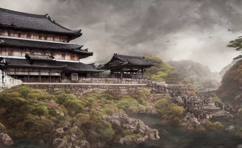 Image similar to detailed digital painting of old, ruined, japanese fort from sengoku period, overcast weather, environment concept art, photobash, overcast weather, unreal engine render, nanite