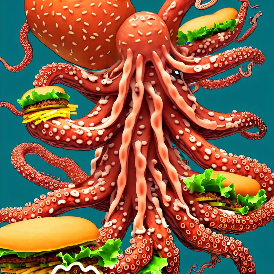 Image similar to ultra detailed anatomic illustration of a giant octopus holding many burgers, tentacles wrapped around burgers, artstation, 8 k