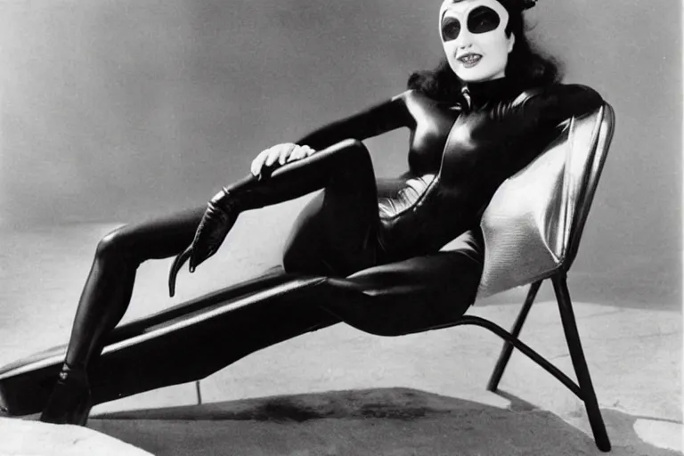 Prompt: publicity photograph of Catwoman on a lounge chair