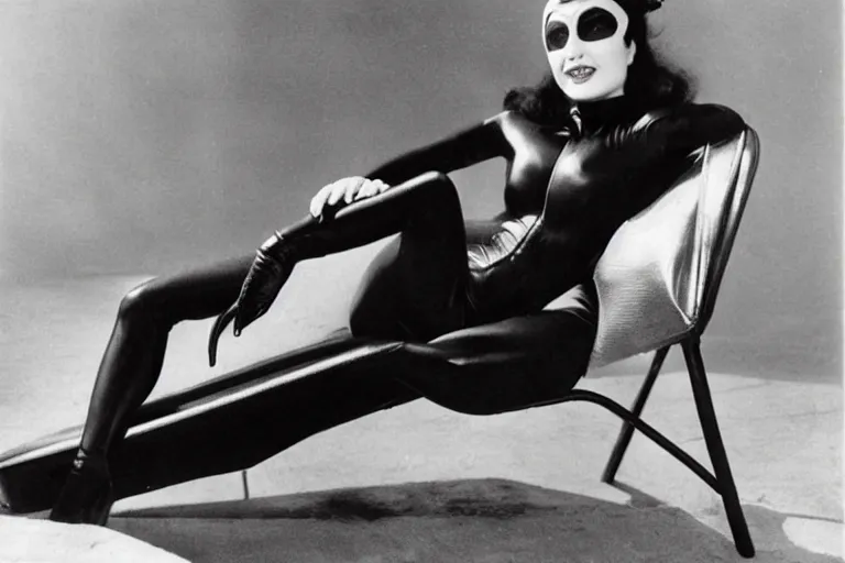 Image similar to publicity photograph of Catwoman on a lounge chair