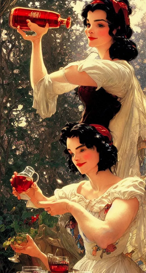 Image similar to close up of snow white pouring a drink, sun shining, photo realistic illustration by greg rutkowski, thomas kindkade, alphonse mucha, loish, norman rockwell.