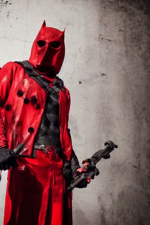 Image similar to red hood cosplay, creepy, disturbing, bloody, darkness, grainy