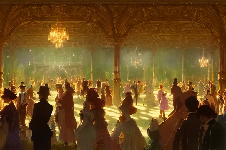 Image similar to an ornate victorian palace, party in front, scene in an open field. 1 8 9 0, key visual, conceptart, ambient lighting, highly detailed, digital painting, artstation, concept art, sharp focus, by makoto shinkai and akihiko yoshida and greg manchess