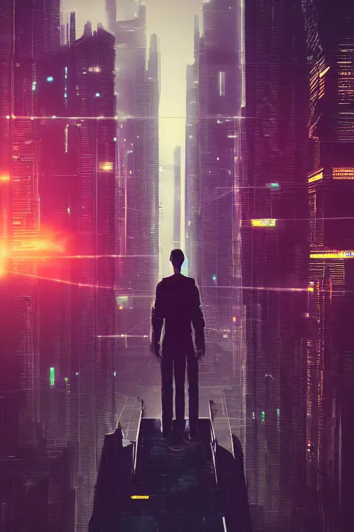 Image similar to a man standing on top of a bridge over a city, cyberpunk art by vincent lefevre, behance contest winner, altermodern, cityscape, synthwave, matte painting