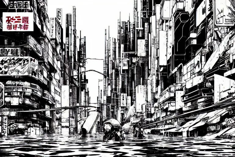 Prompt: high quality illustration of a japanese flooded cyberpunk city in the style of ghost in the shell and blame and akira, manga, black and white, pencil, traditional art, anime, by katsuhiro otomo and tsutomu nihei and masamune shirow and studio ghilibi and yukito kishiro, highly detailed, sharp lines