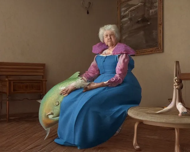 Image similar to an innocent and beautiful scene in hyper realistic style, about an old and lonely woman painting a huge colorful fish on the wall, and modeling a victorian dress. 4 k. wide angle. wild. red mouth, blue eyes. deep focus, lovely scene. ambient occlusion render. unreal engine.