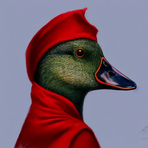 Image similar to portrait of cute mallard duck, wearing cultist red robe, doing witchcraft, expressive oil painting, digital art, octane render