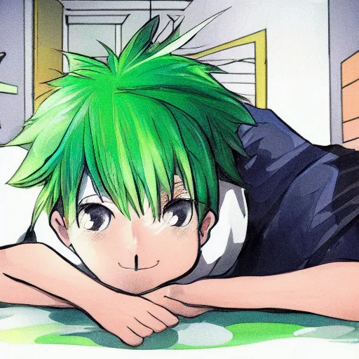 Prompt: boy with green hair laying on the floor of his room in front of laptop computer by Michiru Kaioh, detailed