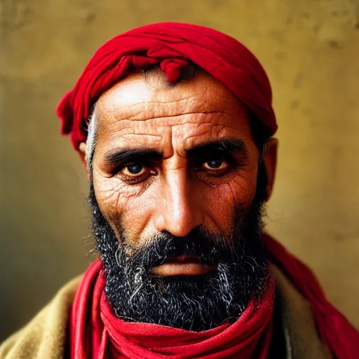 Prompt: portrait of stavros halkias as afghan man, green eyes and red scarf looking intently, photograph by steve mccurry