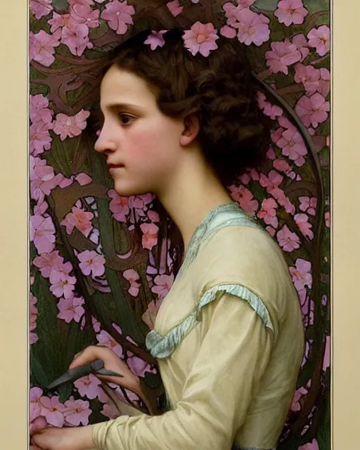 Image similar to an art nouveau portrait painting of a shy, blushing 1 6 - year old alicia vikander or millie bobby brown as a princess lying among flower petals, hair fanned around, intricate, elegant, highly detailed, artstation, concept art, by krenz cushart and donato giancola and william adolph bouguereau and alphonse mucha