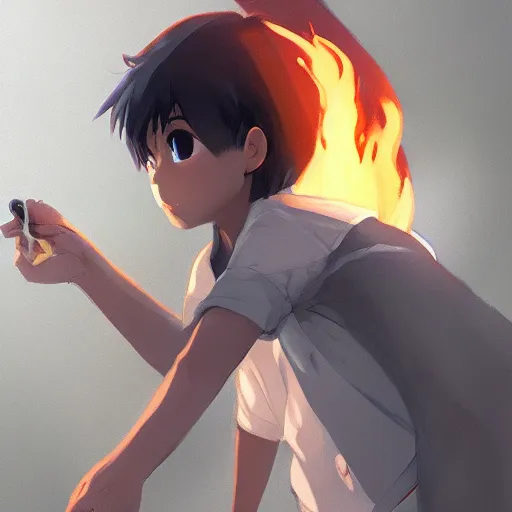 Image similar to a child with dark grey skin, blue eyes and short brown hair holding fire, highly detailed, digital painting, artstation, matte, by makoto shinkai, animation style