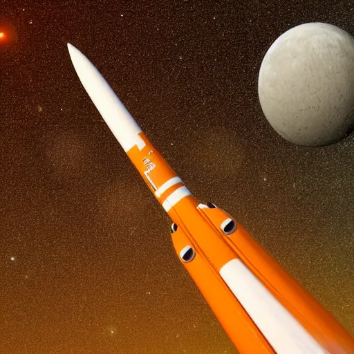 Image similar to orange and white rocket flying through the sky, a digital rendering by christopher moeller, shutterstock contest winner, space art, ue 5, redshift, uhd image