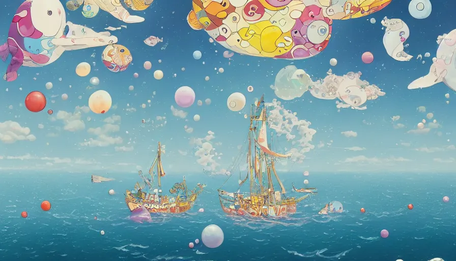 Image similar to a sailing ship in the sea with bubbles floating and a whale in the sky by takashi murakami,, beeple and james jean, aya takano color style, 4 k, super detailed, night sky, digital art, digital painting, celestial, majestic, colorful