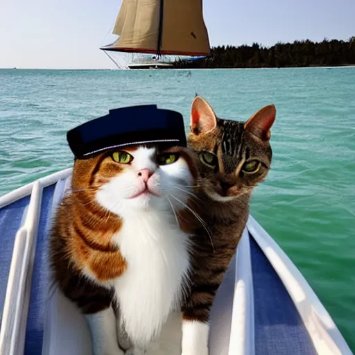 Prompt: cat wearing a captain's hat on a sail boat