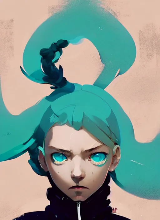 Image similar to highly detailed portrait of a urban punk lady student, blue eyes, hoodie, white hair by atey ghailan, by greg rutkowski, by greg tocchini, by james gilleard, by joe fenton, by kaethe butcher, gradient green, black, brown and teal color scheme, grunge aesthetic!!! ( ( graffiti tag wall background ) )