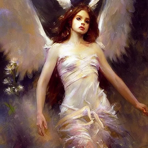 Prompt: beautiful portrait of an angel with beautiful face and her huge white wings spread out gracefully, painted by daniel gerhartz, highly detailed, beautiful warm illumination, graceful and elegant, ethereal