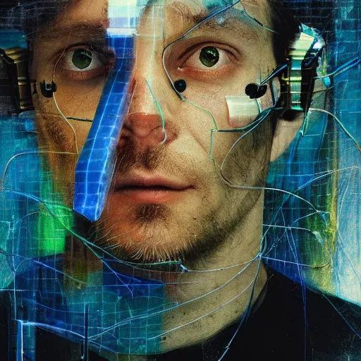 Prompt: portrait of a male cyberpunk hacker, with wires and bandages, machines, glitched, photography, marta syrko, julia margaret cameron, painterly, dripping and splashing coloured paint. scumbling, de kooning, craig mullins