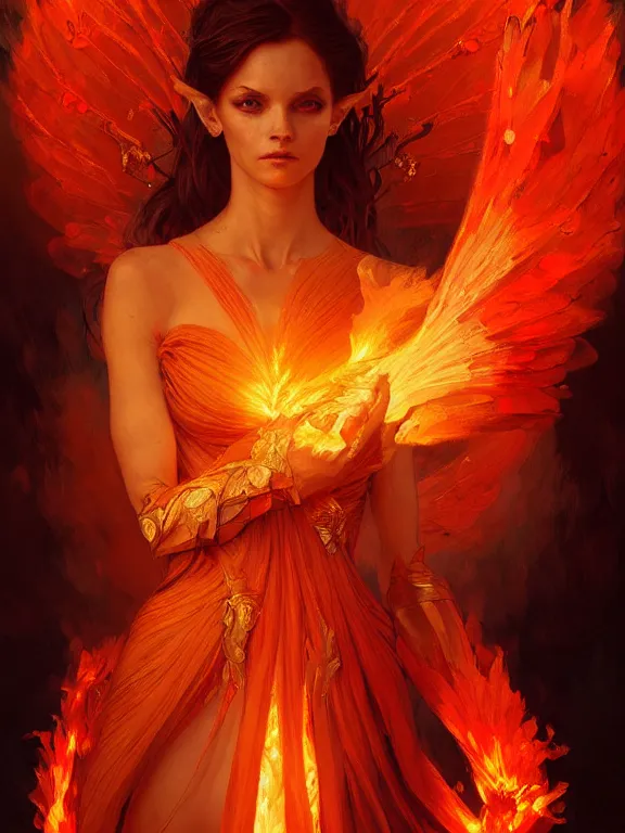 Prompt: portrait of a fire fairy, dress made of fire, fiery wings, obsidian skin, red eyes, highly detailed, detailed face, smooth, sharp focus, chiaroscuro, digital painting, artgerm and greg rutkowski and alphonse mucha