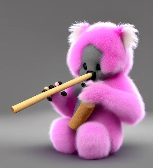 Image similar to high quality 3 d render hyperrealistic very cute small pink koala smoking weed joint, smoke rising from the joint, plush mascot, short spiky dense fluffy smooth hair, photo from the side, pink fluffy fur, 1 5 0 mm, beautiful natural soft light, rim light, vray, smooth background, artstation, ultra detailed